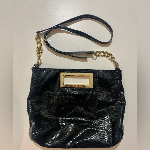 Michael Kors Handbags - Michael Kors Black Snake-Embossed Leather Shoulder Bag Gold Evening Crossbody